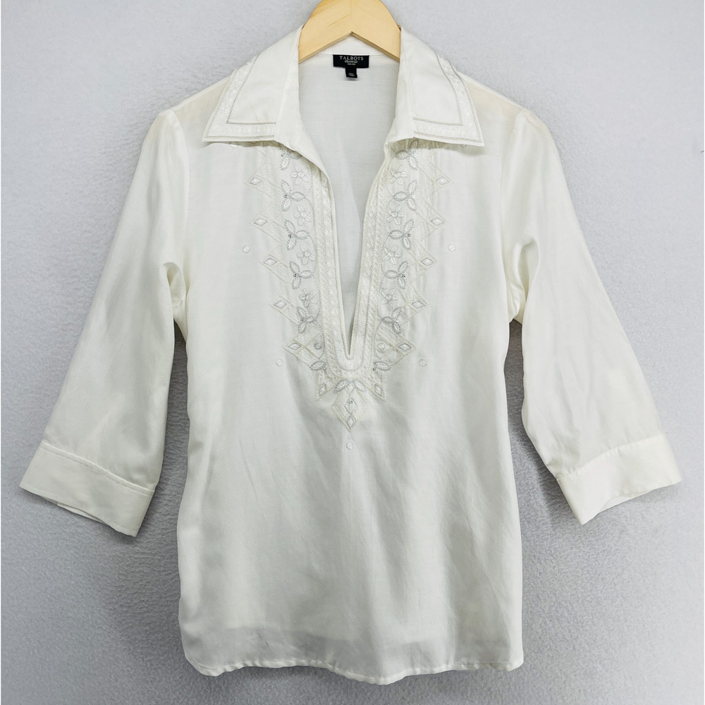 TALBOTS Tunic 12P Silk Cotton Blouse Embroidered Popover 3/4 Sleeve Off White